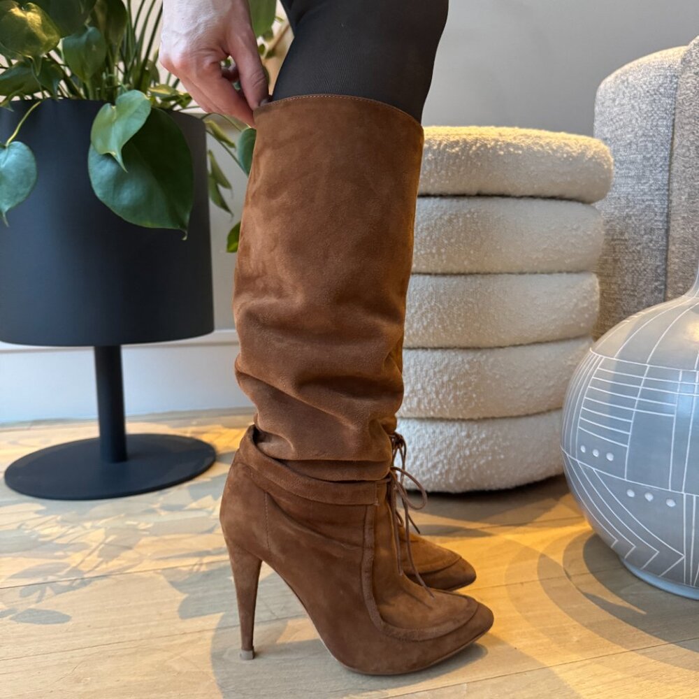 Loeffler Randall Tall Suede Stiletto Boots  - Light Brown